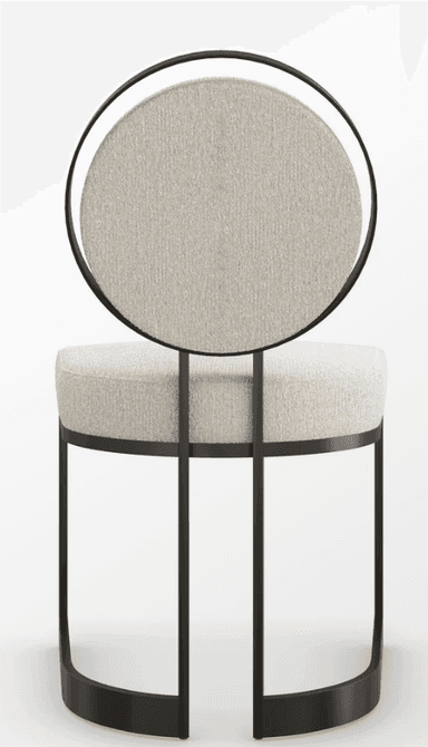 An armless chair featuring a distinctive circular upholstered backrest and a dark metal frame with a sled base. The seat and backrest are upholstered in a light, textured fabric. — 3D model