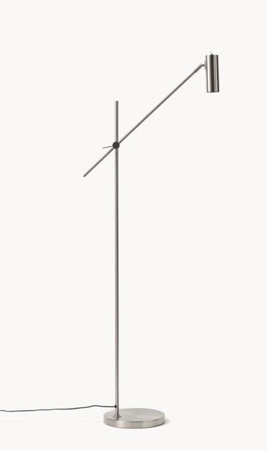 A minimalist floor lamp with a brushed metal finish, featuring a slim vertical stand and an adjustable angled arm that supports a cylindrical lamp head. The base is a flat, circular disc. — 3D model