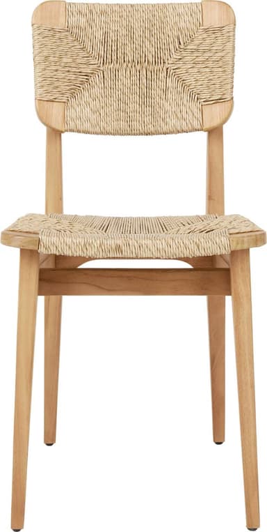 A dining chair featuring a light natural wood frame and a seat and backrest meticulously hand-woven from natural fiber, with subtly splayed legs. — 3D model