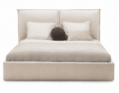 A modern upholstered platform bed featuring a low-profile frame and a tall, two-panel headboard, all covered in a light beige fabric. The bed is styled with minimalist bedding including a quilted duvet and accent pillows. — 3D model