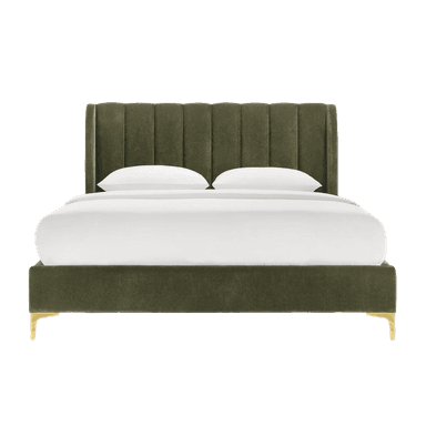 A dark olive green upholstered platform bed featuring a tall, wingback-style headboard with vertical channel tufting. The bed frame is also fully upholstered in the same dark green fabric. It stands on four tapered, gold-finished metal legs, giving it a contemporary and luxurious appearance. The bed is presented with white bedding and two white pillows. — 3D model