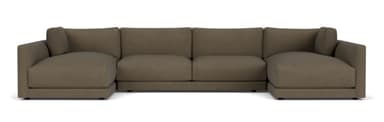 A large U-shaped sectional sofa upholstered in a muted taupe woven fabric. The sofa features a central three-seater component flanked by two chaise lounge sections, creating a symmetrical and expansive seating arrangement. It has a low-profile design with clean lines, integrated armrests, and block feet that are largely recessed. — 3D model