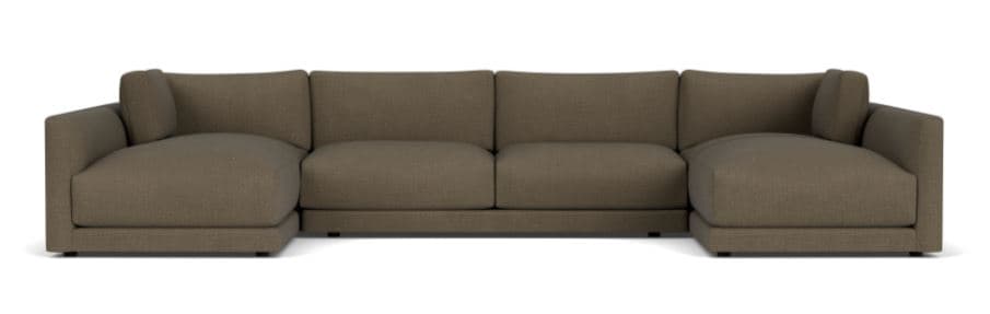 A large U-shaped sectional sofa upholstered in a muted taupe woven fabric. The sofa features a central three-seater component flanked by two chaise lounge sections, creating a symmetrical and expansive seating arrangement. It has a low-profile design with clean lines, integrated armrests, and block feet that are largely recessed. — 3D model