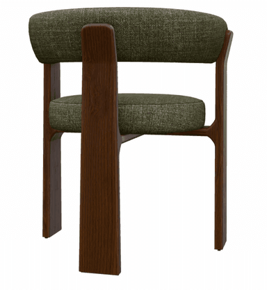 A modern upholstered chair with a distinctive dark wood frame and a circular seat and curved backrest in dark green fabric, viewed from below. — 3D model