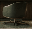 A modern swivel armchair with a barrel-shaped back and integrated arms, upholstered in a dark olive green material, likely faux leather or leather. It features a sleek, minimalist design with a visible slim band around the base of the upholstered body, which sits atop a four-pronged star base with a brushed brass finish. — 3D model