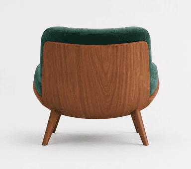 A contemporary lounge chair featuring a deep green velvet upholstery and a curved wooden frame. The seat and backrest are plush, with subtle button tufting, providing a comfortable and inviting aesthetic. The wooden base is made of a warm-toned wood, possibly walnut, and features splayed, tapered legs. The design combines elements of mid-century modern style with a luxurious velvet finish. — 3D model