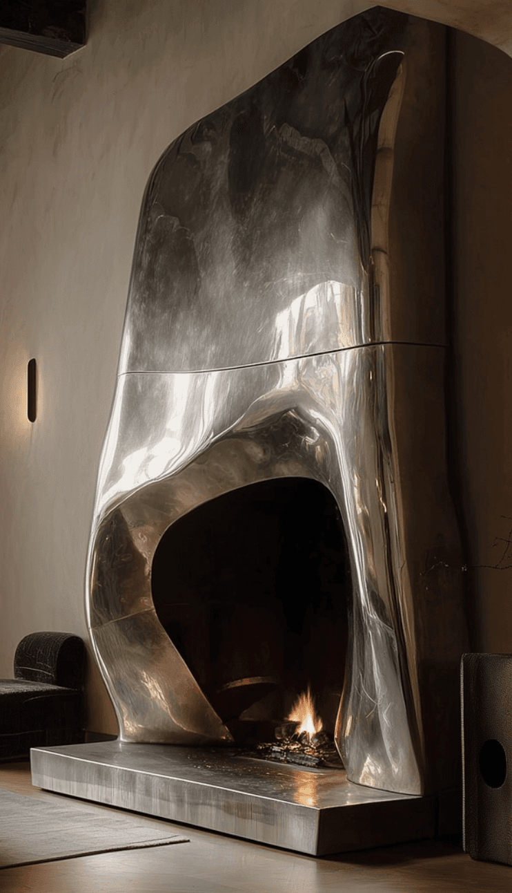 A freestanding, modern fireplace with an abstract, sculptural form. The structure is characterized by flowing, organic lines and a highly reflective, metallic finish. It features a central opening for the fire, which is visible with burning logs and flames. The overall design suggests a contemporary, artistic approach to a functional heating element. — 3D model