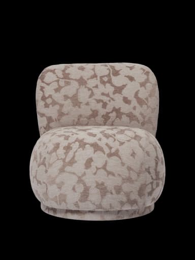 A contemporary armchair with a rounded silhouette and a low-profile base. The armchair features a plush seat and backrest, upholstered in a textured fabric with an abstract floral or organic pattern in beige and light brown tones. It appears to have a swivel base, though it is not fully visible. — 3D model
