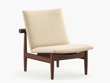 A modern armchair with a minimalist design, featuring a reclined upholstered backrest and seat, supported by a dark wood frame. The armchair has visible wooden armrests with rounded ends, and the frame is constructed from solid wood with a visible grain. The upholstery appears to be fabric in a neutral tone. — 3D model