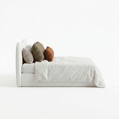 A bed with a curved, upholstered headboard and a light-colored textured comforter. It is adorned with several decorative pillows: a long lumbar pillow in a rust color, and three square pillows in an olive green hue, arranged behind the lumbar pillow. The bed appears to be a queen or king size. — 3D model