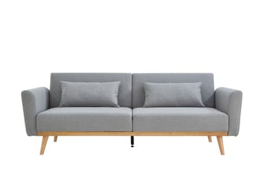 A contemporary two-seater loveseat upholstered in light grey fabric, featuring a clean, minimalist design. It includes two seat cushions, two back cushions, and two matching accent pillows. The loveseat is supported by an exposed light wood frame along its base and four tapered, angled wooden legs. — 3D model