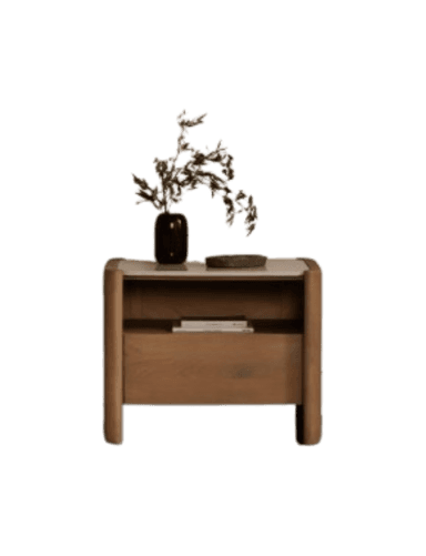A contemporary nightstand constructed primarily from light brown wood, featuring a rectangular silhouette with distinctively rounded corners on all vertical edges. The top surface appears to be a lighter, possibly composite or stone material. It incorporates an open storage shelf and a single drawer, both subtly integrated into the design. The overall aesthetic is minimalist and modern. — 3D model