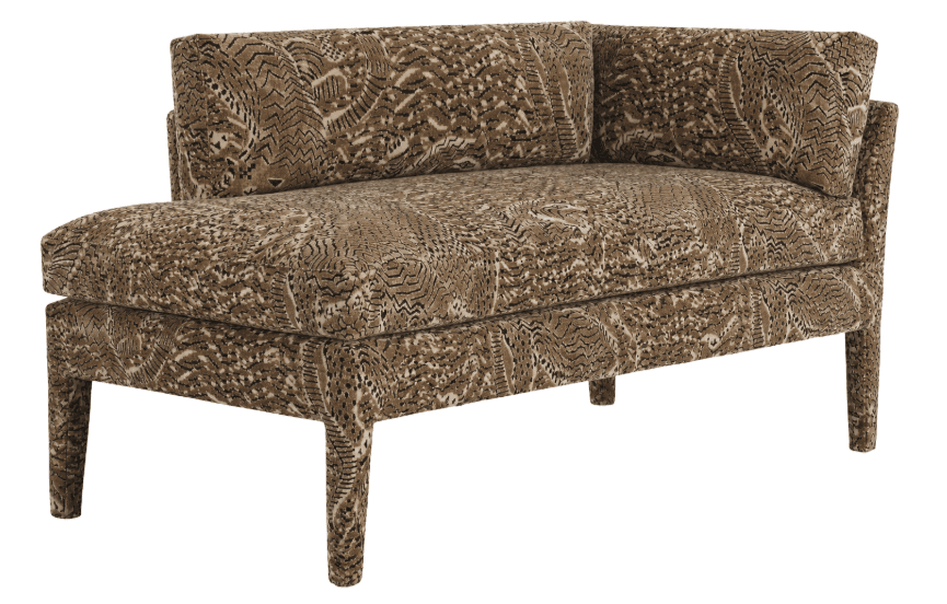 An upholstered asymmetrical chaise lounge settee featuring a distinctive L-shaped backrest and no traditional armrest on one side. It is fully upholstered in a multi-toned patterned fabric, resembling an abstract feather or animal print, in shades of brown, beige, and black. The piece is supported by four tapered legs, also upholstered in the matching fabric. — 3D model