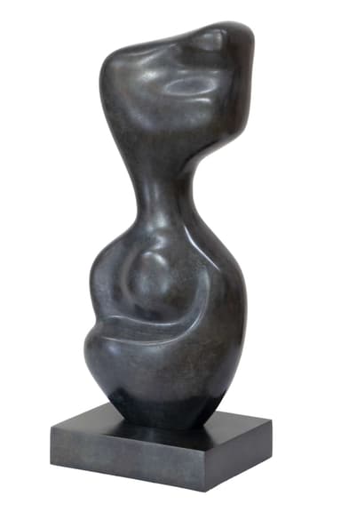 An abstract, biomorphic sculpture with smooth, undulating surfaces, rendered in dark patinated bronze. The form evokes a stylized human or organic shape, resting on a sturdy rectangular base of the same material and finish. Its curves are fluid and continuous, suggesting movement despite its static nature. — 3D model