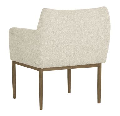 An upholstered armchair featuring a light-colored, textured fabric and a slender, gold-toned metal frame with straight legs. — 3D model