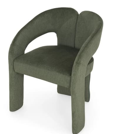 An upholstered accent chair in a dark olive green fabric, featuring a distinctive sculptural form with a split backrest and integrated, gently curved arms. The entire structure, including the legs and base, is fully upholstered, creating a seamless, monochromatic appearance. — 3D model