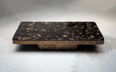 A rectangular coffee table featuring a dark, botanical inlay tabletop and an antique brass-finished integrated base. The tabletop displays various dried or preserved plants, leaves, and flowers embedded within a clear or dark resin, giving it a unique, naturalistic pattern. The edges of the tabletop are softly rounded. The base is low-profile and appears to be a single, solid mass finished in an aged or antique brass, providing a sturdy and elegant foundation for the table. — 3D model