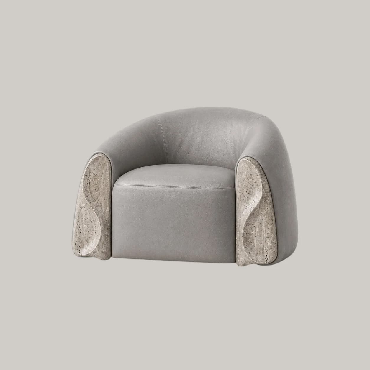 A contemporary barrel-shaped lounge chair featuring light grey upholstery and unique carved stone panels on the outer sides of the arms. The chair has a low profile, offering a comfortable and enveloping seating experience. — 3D model