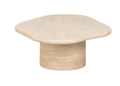 A low-profile coffee table crafted entirely from light beige travertine, featuring an organically shaped, irregular tabletop resting on a sturdy cylindrical pedestal base. The stone exhibits natural veining and a smooth, matte finish, with soft, rounded edges throughout. — 3D model