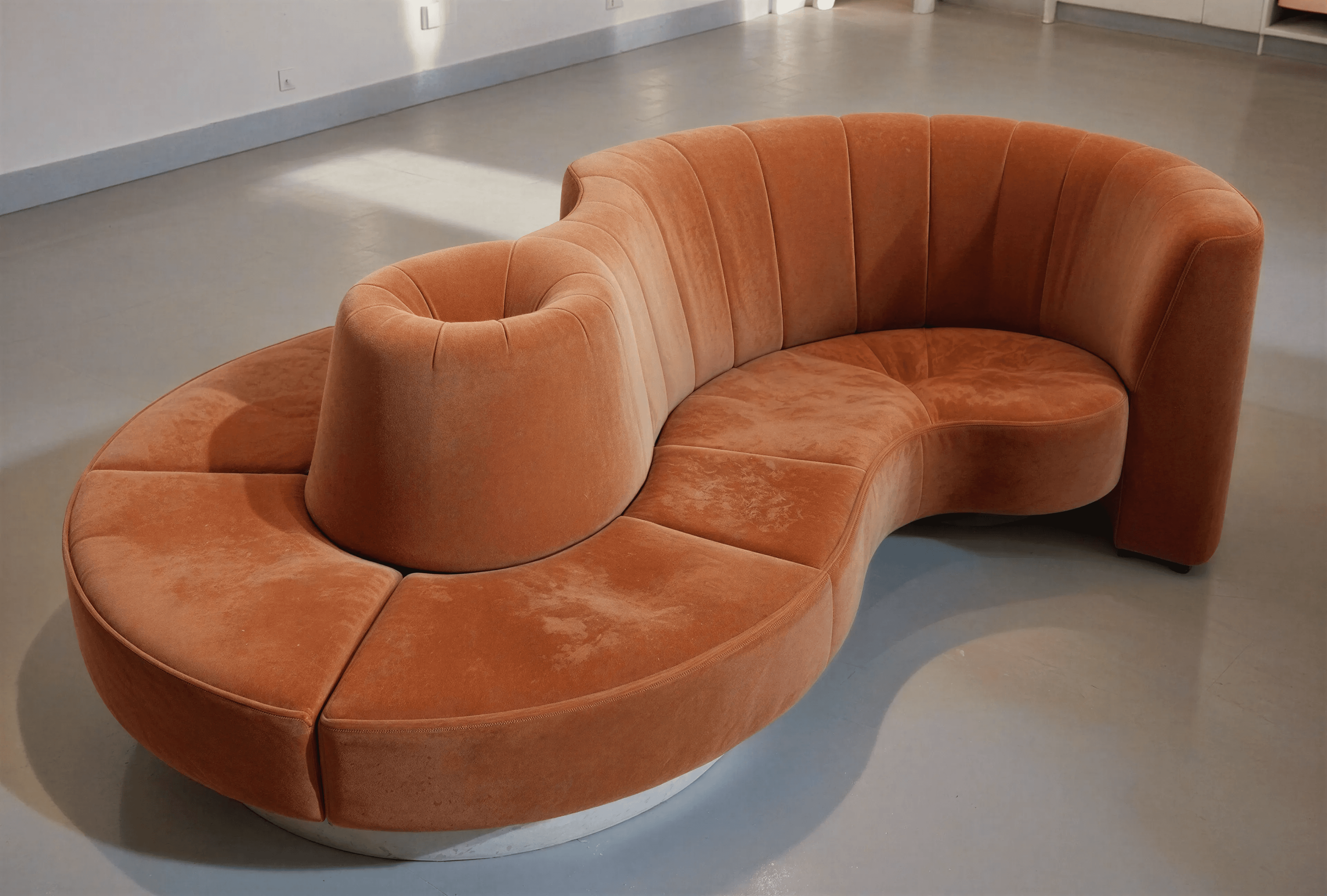 A large, curvilinear sectional sofa upholstered in a warm burnt orange velvet-like fabric, featuring a sinuous form and a central integrated cylindrical element, likely a planter or display feature. The backrest is channel-tufted, and the entire unit rests on a low, light-colored plinth base. — 3D model