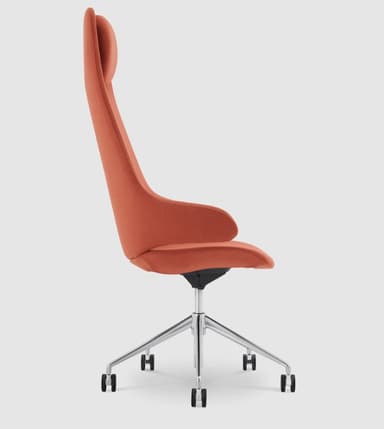 A modern office chair with a high back and an integrated headrest, upholstered in a textured fabric. It features a five-star base with casters for mobility, and a central gas lift mechanism for height adjustment. The armrests are sculpted and integrated into the main body of the chair. — 3D model