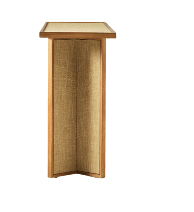 A console table with a rectangular top and two substantial, vertical supports. The top appears to have a lighter colored inlay or veneer on its surface and a wooden frame. The vertical supports are constructed with wooden frames and feature woven fabric panels, likely of a natural fiber like linen or jute, on their inner and outer faces. The supports are angled at the bottom, creating a visually interesting base. — 3D model