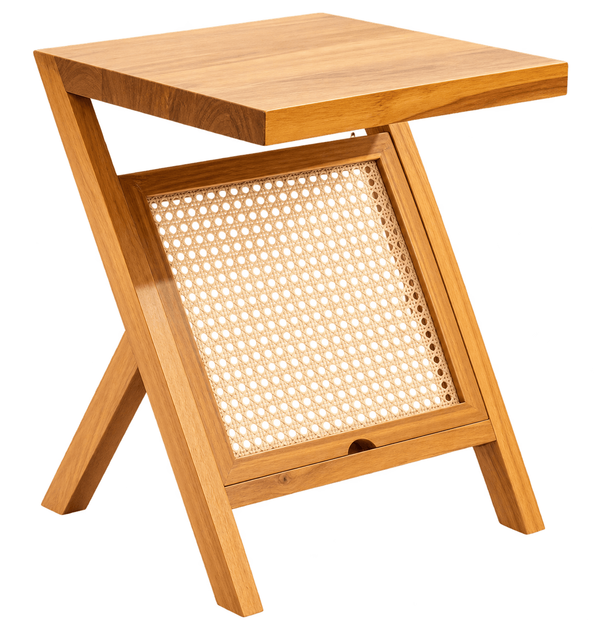 A modern C-shaped side table crafted from light-toned solid wood, featuring a rectangular tabletop and a distinct base that includes an integrated cane webbing panel for magazine or book storage. The table's design allows it to slide over the arm or seat of a sofa or chair, making it highly functional. The construction showcases clean lines and natural materials. — 3D model
