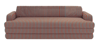 A sofa with a striped upholstery pattern featuring vertical stripes of red and teal. The sofa has a rectangular form with two armrests and a high backrest, and appears to have a layered seat cushion. — 3D model