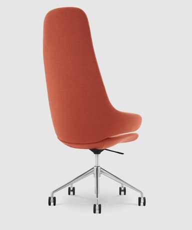 A modern office chair with a high back and an integrated headrest, upholstered in a textured fabric. It features a five-star base with casters for mobility, and a central gas lift mechanism for height adjustment. The armrests are sculpted and integrated into the main body of the chair. — 3D model