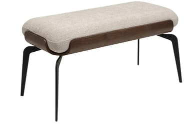 An elongated contemporary bench featuring an upholstered seat nestled within a curved wooden shell, supported by four splayed black metal legs. — 3D model