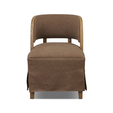 A back view of an armchair featuring a rounded, upholstered seat and backrest with a wooden frame. The wooden frame is composed of curved top and bottom rails connected by vertical supports. The backrest showcases a textured, patterned fabric insert within the wooden frame. The seat is upholstered in a plain, textured brown fabric, and the chair is supported by four tapered wooden legs. — 3D model