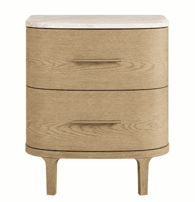 A modern two-drawer nightstand featuring a light-toned marble top and a wooden body with rounded edges. It includes two pull-out drawers with sleek metallic bar handles and stands on short, tapered wooden legs. — 3D model