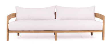 A two-seater sofa featuring a natural light-toned wooden frame, possibly teak, with an open back and armrests. The frame has clean lines and minimalist construction. It is fitted with thick, plush white fabric cushions for both the seat and back, providing a stark contrast to the wood. The design suggests a modern or contemporary aesthetic, suitable for both indoor and outdoor settings. — 3D model