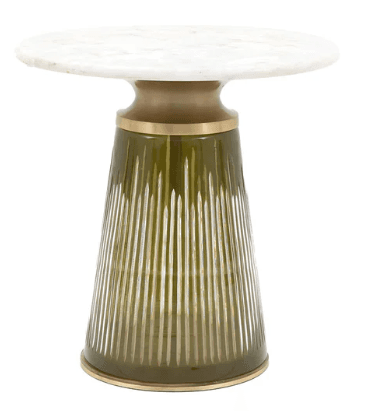 A round pedestal side table featuring a white marble top, a brass accent ring, and a tapered, fluted olive green glass base with a brass trim at the bottom. — 3D model