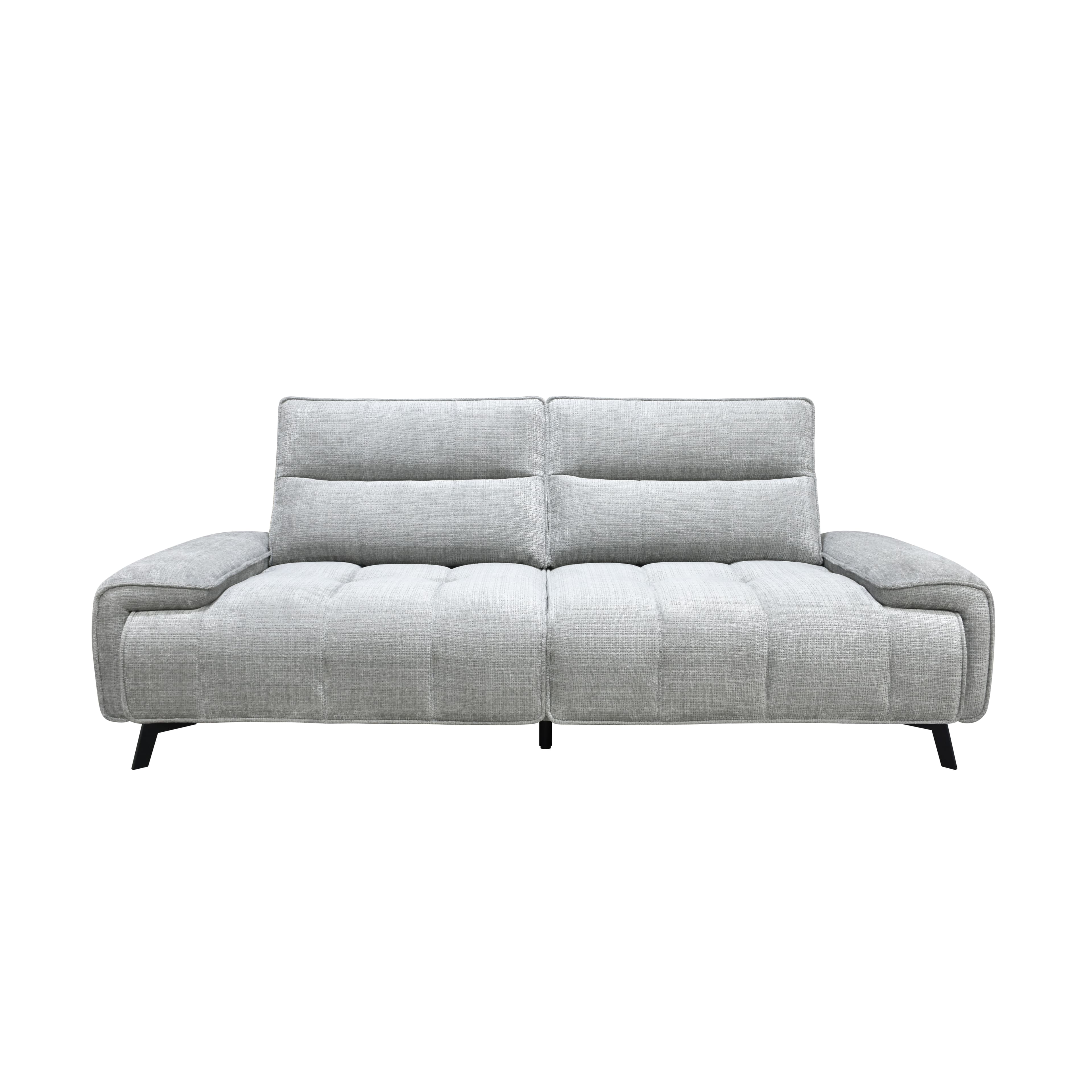 A contemporary sofa upholstered in a light grey textured fabric, featuring segmented backrests, tufted seat cushions, and generously padded armrests. It rests on recessed black metal legs, giving it a modern, low-profile appearance. — 3D model