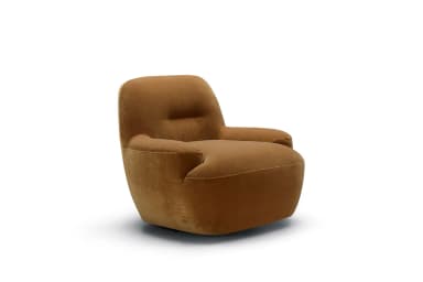 A single, tan-colored, plush armchair featuring a contemporary design with soft, rounded edges and a fully upholstered form. It has integrated armrests and a subtle horizontal indentation on the backrest, suggesting a comfortable lumbar or design feature. The material appears to be smooth leather or a high-quality leatherette, contributing to its sleek, modern aesthetic. — 3D model