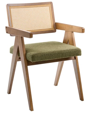 A mid-century modern style armchair featuring a wooden frame, a natural cane webbing backrest, and a padded seat upholstered in green textured fabric. — 3D model