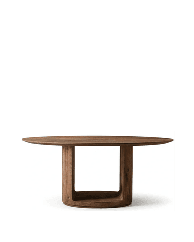A round dining table with a thick, solid wood top and a unique, sculptural pedestal base. The base consists of two curved, hollowed-out cylindrical elements connected by a lower shelf, creating an open, organic form. The wood appears to be reclaimed or naturally aged, with visible grain and texture. — 3D model