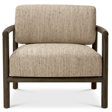 A contemporary armchair featuring a wooden frame and upholstered seat and back cushions. The frame has a minimalist design with clean lines, and the arms are formed by horizontal wooden beams connecting to the vertical legs and back supports. The upholstery appears to be a textured fabric in a neutral tone. — 3D model
