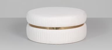 A round, upholstered ottoman with a textured fabric covering and a decorative metallic band around its midsection. The ottoman is composed of two stacked, cylindrical sections, both featuring vertical pleating in the upholstery. — 3D model