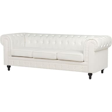 A three-seater chesterfield sofa with tufted upholstery and rolled arms. The sofa is upholstered in a white material and features dark wooden legs. The seat cushions are separate from the main body of the sofa, and the back and armrests are characterized by deep button tufting. — 3D model