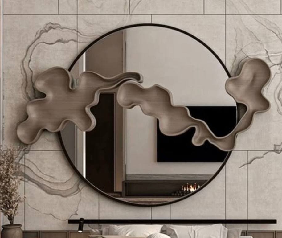 A round wall mirror featuring a dark, slender frame, overlaid with an organic, wavy wooden structure that appears to float across its reflective surface. The wood elements have a natural grain and texture, creating a dynamic, artistic visual effect. — 3D model