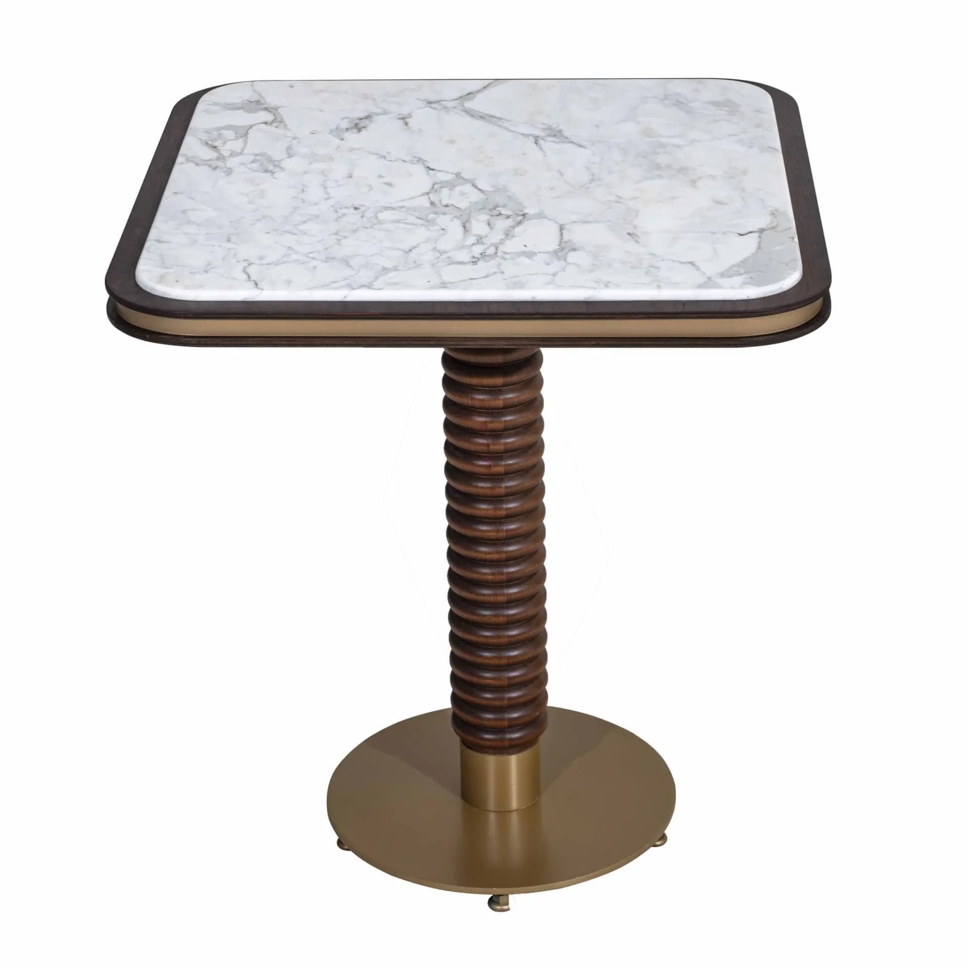 A square-top side table with rounded corners. The tabletop is made of white marble with grey veining, bordered by a dark wood frame and a thin metallic accent. The pedestal base is made of stacked, dark wood rings, creating a ribbed effect. It stands on a circular, brushed brass base with small, adjustable feet. — 3D model
