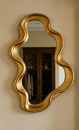 A decorative wall mirror featuring a unique, irregularly shaped frame finished in antique gold. The frame has a wavy, organic silhouette, and the mirror glass follows its intricate contours. The object is presented against a white background, highlighting its distinct form. — 3D model