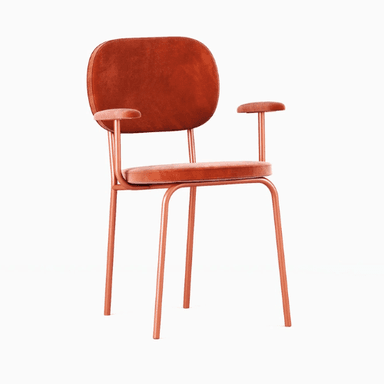 A modern armchair with a velvet upholstery in a deep purple color. The chair features a rounded backrest and seat, with slightly curved armrests that transition into a polished metal frame. The frame has a U-shaped base that supports the seat and legs. The armrest tops are also padded and upholstered. — 3D model