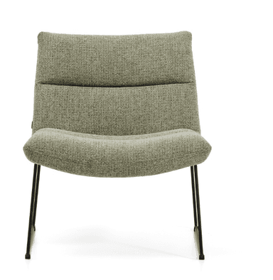 A modern lounge chair with a low profile and slender metal legs. The chair features a gently contoured seat and backrest upholstered in a textured, light green fabric. The backrest has a subtle horizontal tufting or seam detail. The base consists of thin, black, angular metal legs that provide a minimalist support structure. — 3D model
