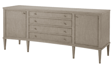 A long, low contemporary sideboard featuring a greige-colored linen or grasscloth-like textured finish. It has two cabinet doors, one on each end, flanking four central drawers. All drawers and doors are equipped with small brass knob pulls. The piece is supported by four slender, tapered legs, each tipped with a brass ferrule. — 3D model