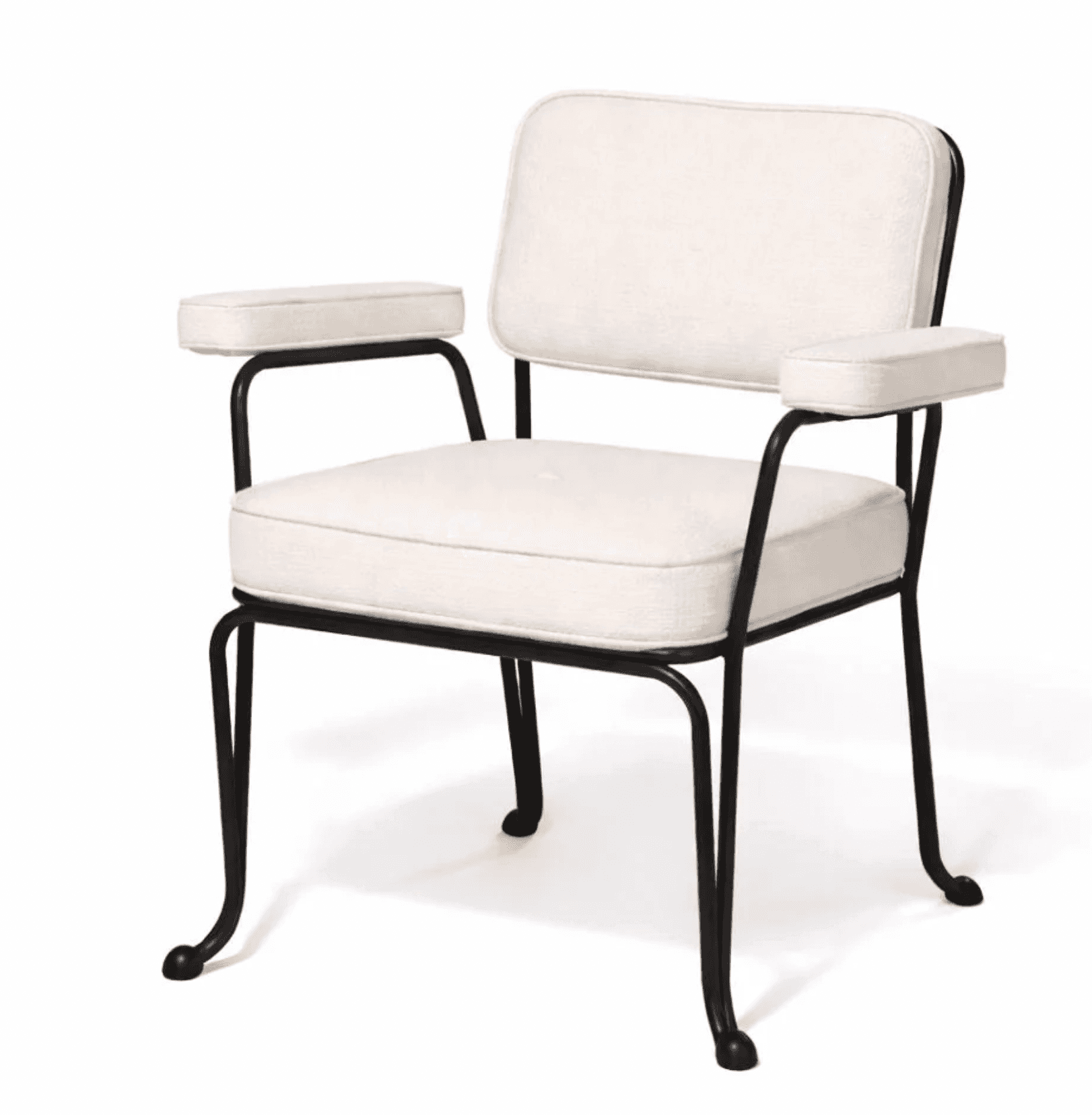 A contemporary armchair featuring a slender black tubular metal frame and three distinct off-white upholstered cushions for the seat, back, and armrests. The frame has a minimalist design with bent metal legs that terminate in small, rounded caps. The cushions appear to be removable and have visible piping along their edges. — 3D model