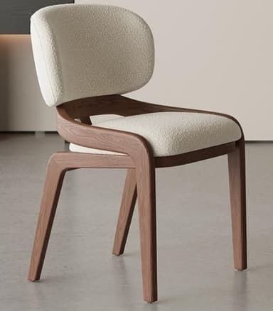 A contemporary dining chair featuring a curved, dark wood frame and fully upholstered seat and backrest in a light-colored bouclé fabric. — 3D model