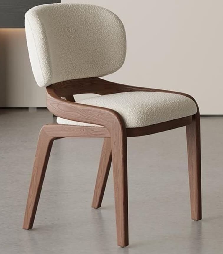 A contemporary dining chair featuring a curved, dark wood frame and fully upholstered seat and backrest in a light-colored bouclé fabric. — 3D model